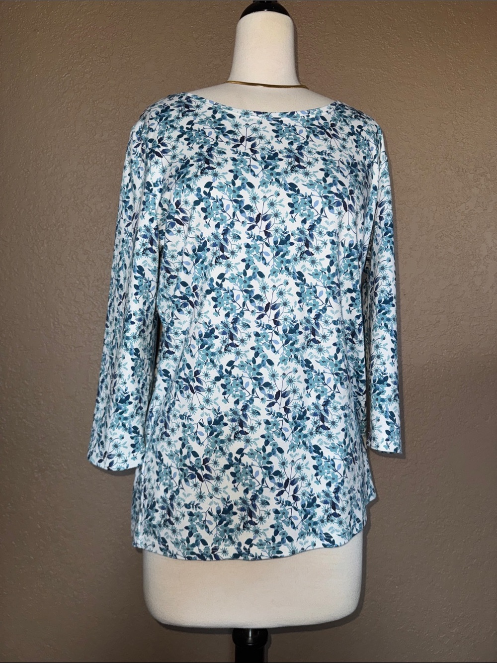L.L. Bean Blue and White Floral Boatneck Long-Sleeve Top